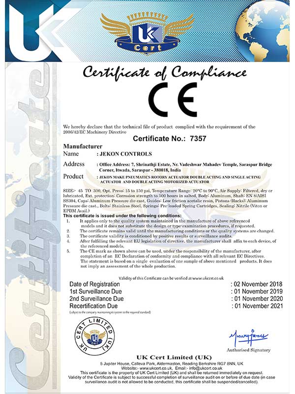 certificate3 Manufacturer and exporter of Actuator Butterfly Valve India